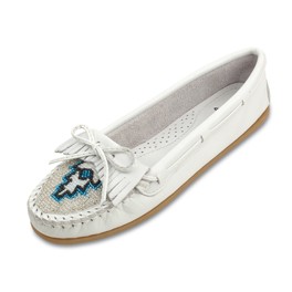 Glattleder Mokassin mit Glasperlen, weiss