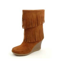 Wedges - brauner Mokassin Fransen-Stiefel 2 Lagen mit Absatz Gr. 40