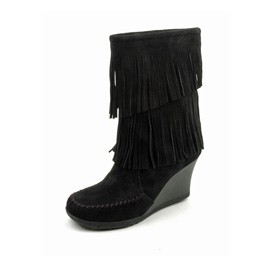 Wedges - schwarzer Mokassin Fransen-Stiefel 2 Lagen mit Absatz, Gr. 40