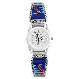 Grosse Lapis/Türkis/Koralle Inlay Uhr 