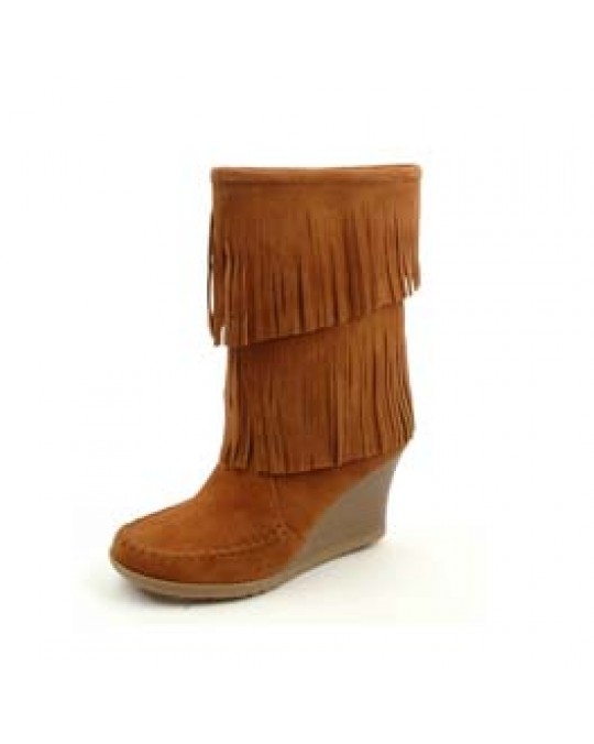 Wedges - brauner Mokassin Fransen-Stiefel 2 Lagen mit Absatz Gr. 40