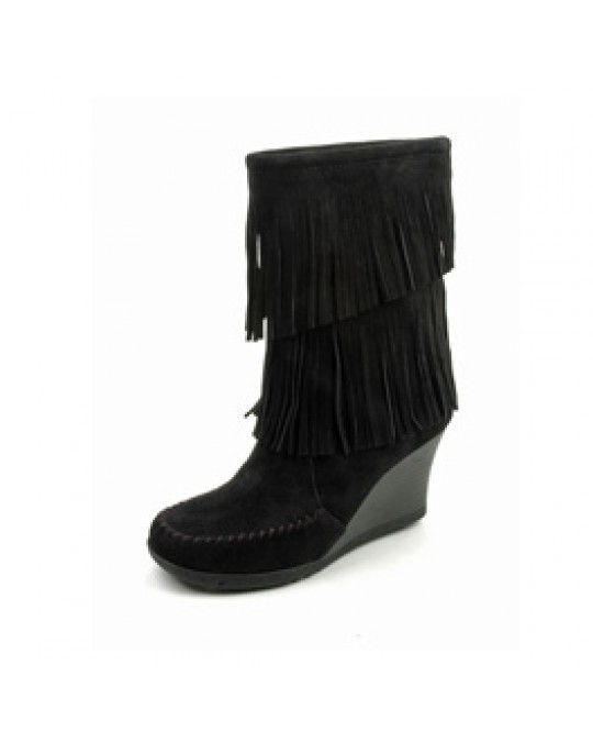 Wedges - schwarzer Mokassin Fransen-Stiefel 2 Lagen mit Absatz, Gr. 40
