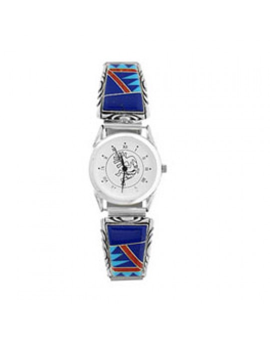 Grosse Lapis/Türkis/Koralle Inlay Uhr 